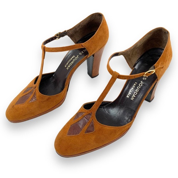 Charles Jourdan Shoes - 1970's CHARLES JOURDAN Paris suede and snakeskin T-strap high heel shoes